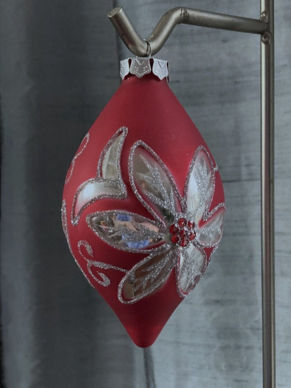 Hand Blown Glass Ornament, Red, Silver, Glitter & Gems, Flowers, 5" Finial Shape